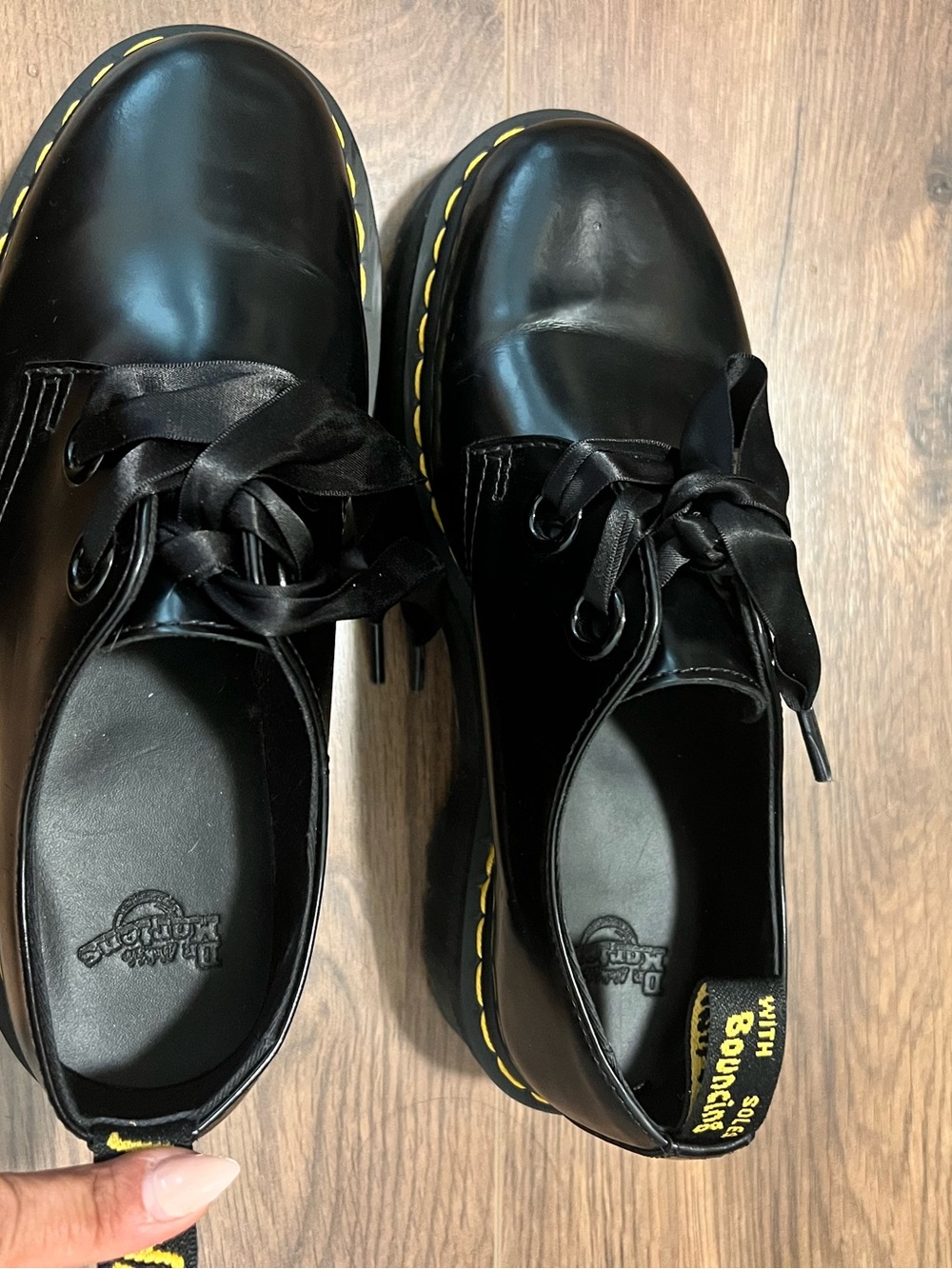 Dr. Martens Holly Black Leather Platform Oxfords with Yellow Stitching - Picture 3 of 4